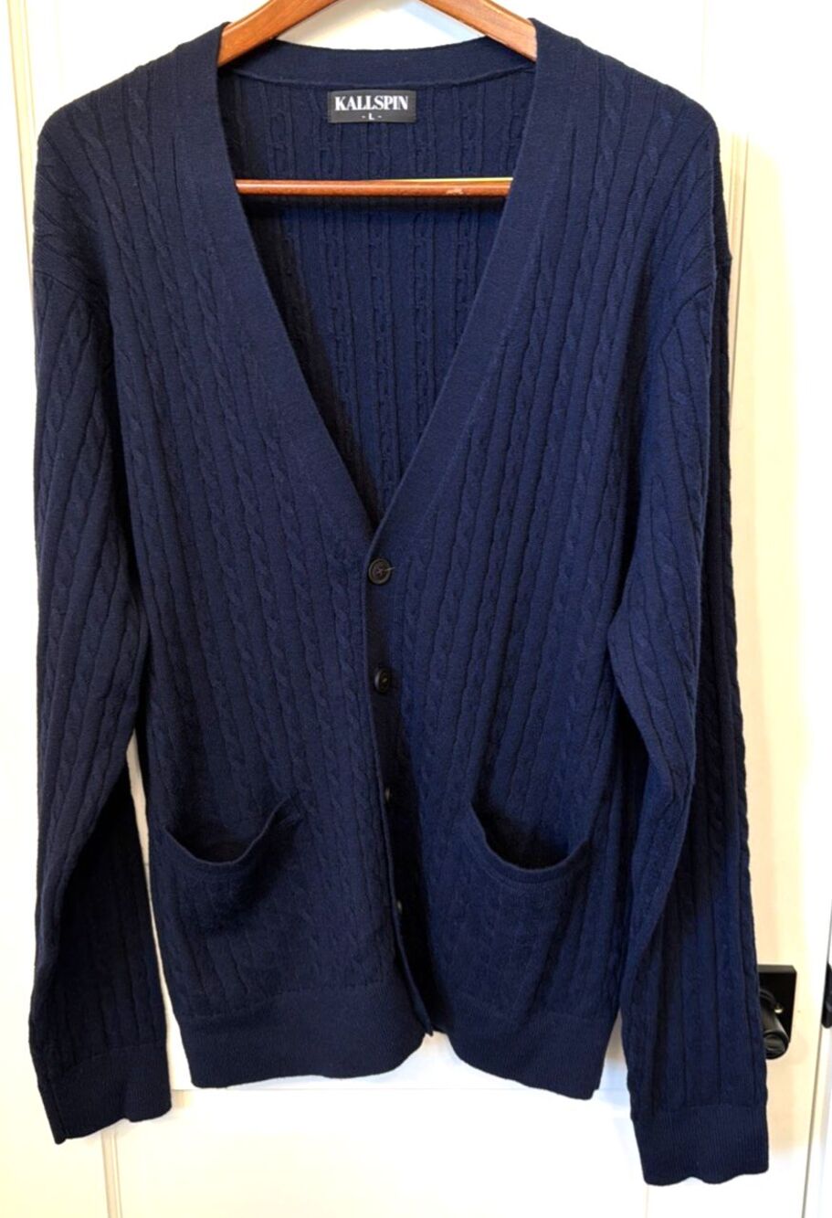 Kallspin Men Cable Knit Cardigan Cashmere Wool Blend Navy Blue L Preppy Academia